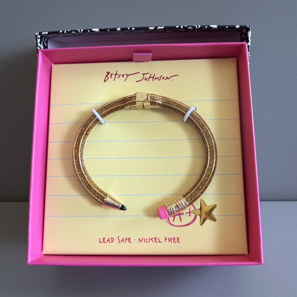 Betsy Johnson Glitter Yellow Pencil Hinge Bangle Bracelet Teacher School NIB